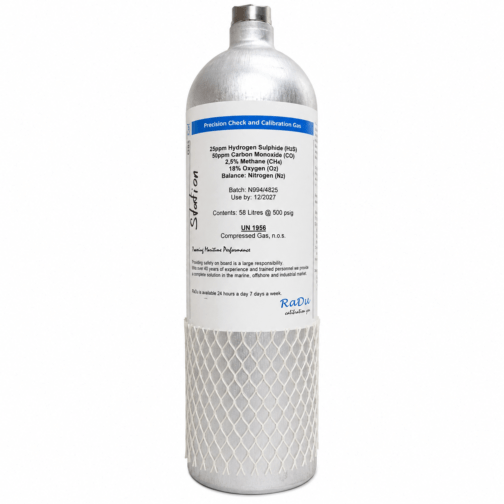 RaDu Multi-Gas Calibration SPAN Cylinder 58L 25ppm H2S, 50ppm CO, 2,5% CH4, 18% O2